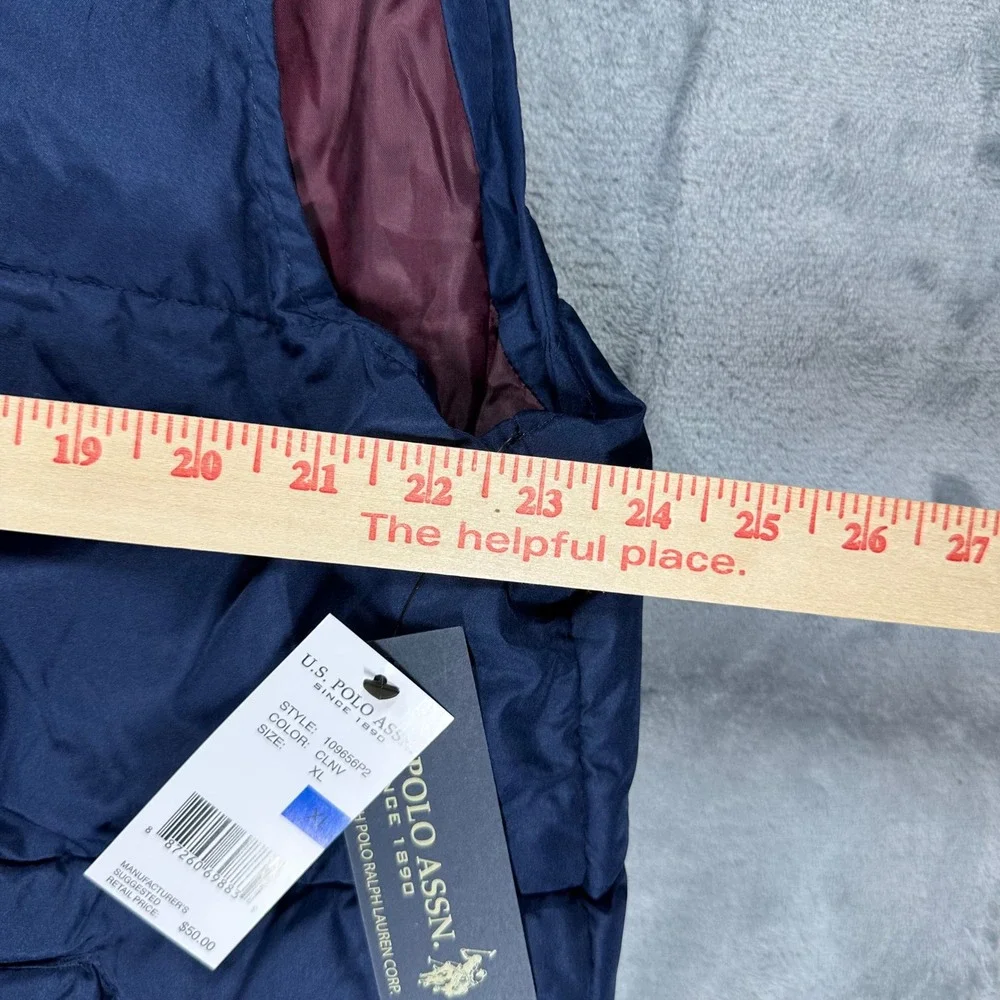 US Polo Assn Mens Puffer Vest Navy Blue Burgundy Quilted Full Zip XL 109656P2